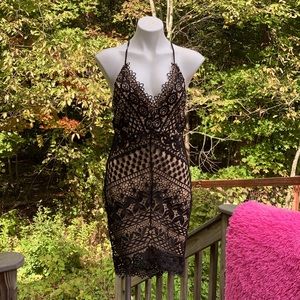ASTR black lace over nude crossed back strap dress size M